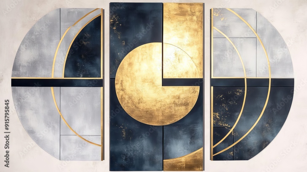 Poster dynamic geometric triptych a cohesive set of three panels featuring intricate patterns and vibrant c