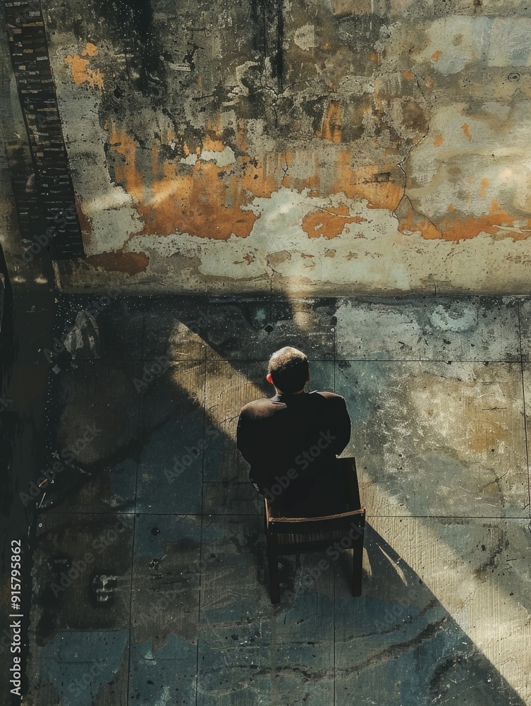 Poster this image captures a moment of introspection within an abandoned building. the sunlight casts drama