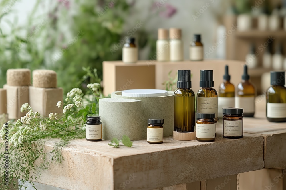 Poster natural skincare products neatly arranged on a wooden display table in a serene botanical setting