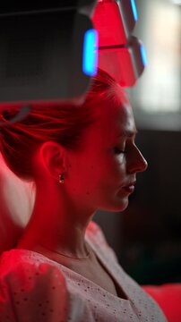 Side view tracking shot of beautiful woman with blond hair having LED light hair photodynamic therapy during hair treatment at clinic with dark interior. Female client having non-invasive type PTD.