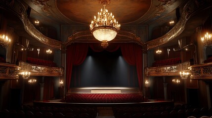 Obraz premium Empty Theater Stage with Red Curtains and Rows of Seats