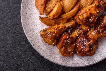 Delicious crispy baked chicken wings in teriyaki sauce