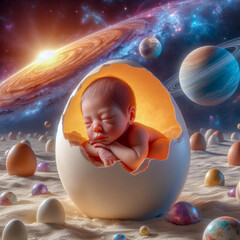 baby reborn in an eggshell, in a faraway planet, in the universe with a sun burst of light universe