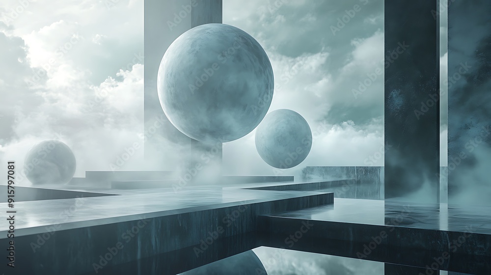 Poster abstract composition with floating spheres and cloudy sky