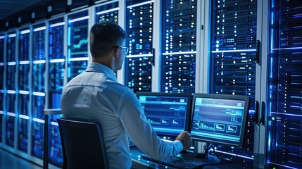 Fototapeta premium IT engineer configures and monitors servers. Data Management. A specialist ensures cybersecurity in the data center. Illustration for banner, poster, cover, brochure or presentation.