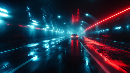 Neon-drenched tunnel, a futuristic escape. AI-generated artistry captures the electrifying energy of the night.