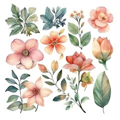 Watercolor illustration of delicate pink and orange flowers with green leaves isolated on white background.