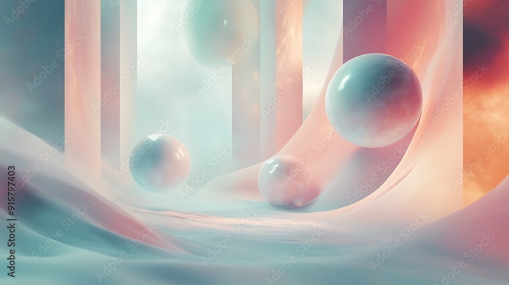 Poster abstract dreamscape with floating spheres and soft colors