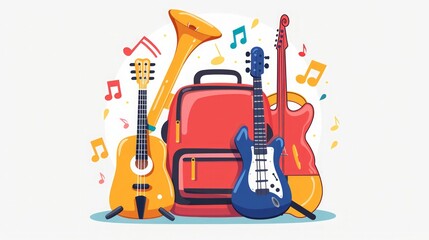 Musical Instruments Backpack Illustration - Guitar, Trumpet & Music Notes