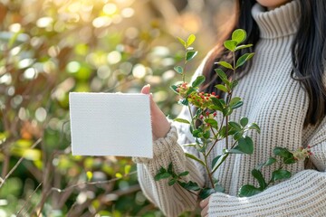 Beautiful person holding a white copyright sign in hand.