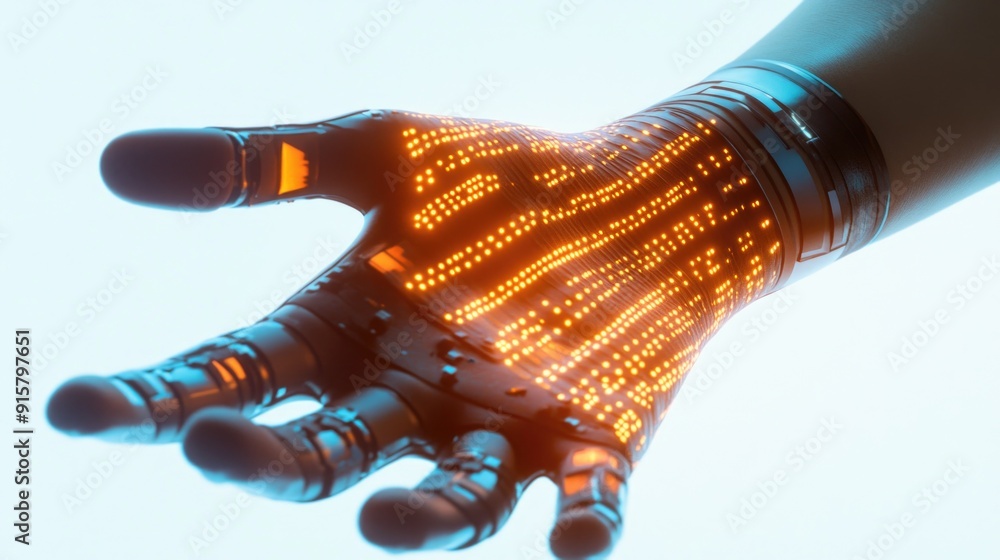 Poster a robotic hand integrating bioluminescent circuitry, showcasing the blend of human and machine techn