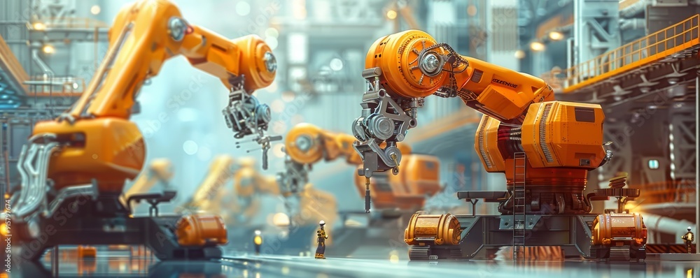 Poster high-resolution image of advanced robotic arms in a modern factory setting