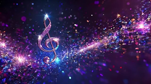 Music Background: Shiny musical notes flowing on a 3d black background, AI