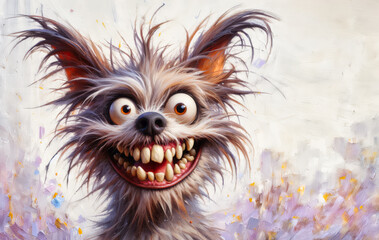 A whimsical, cute, funny dog with unkempt hair, large front teeth, playful, silly expression, eyes wide with mischief. Whimsical, painterly fantasy art,