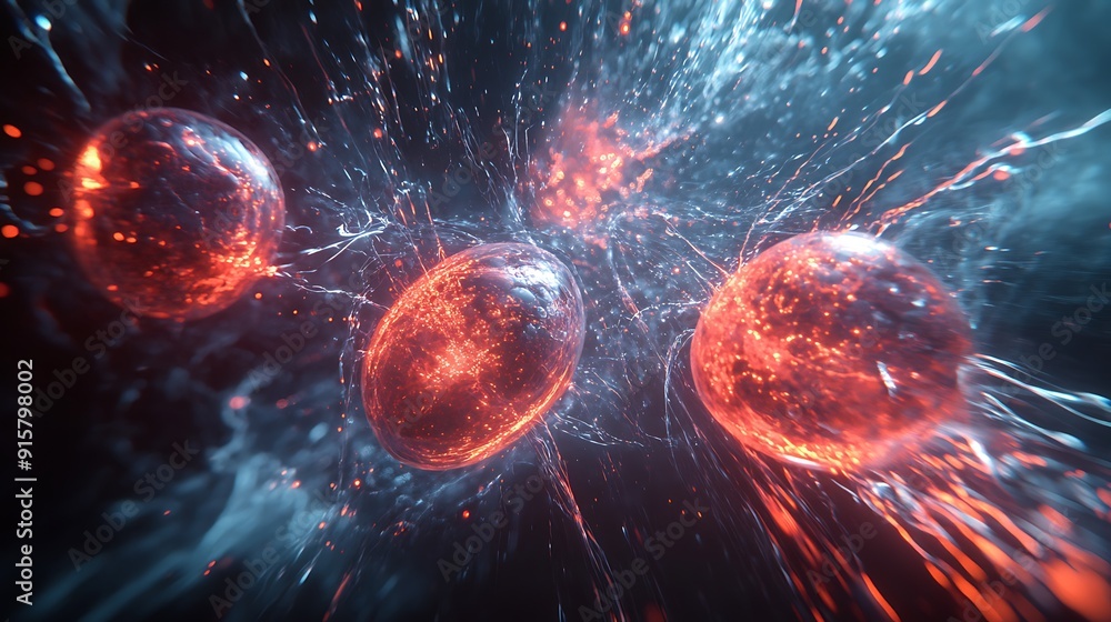 Poster three glowing spheres in a stream of light and particles