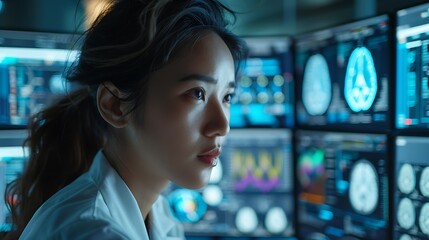 A researcher studying brain activity, intense focus, using fMRI and EEG equipment, in a futuristic laboratory. Advanced lab setting with digital readouts, brain activity graphics,