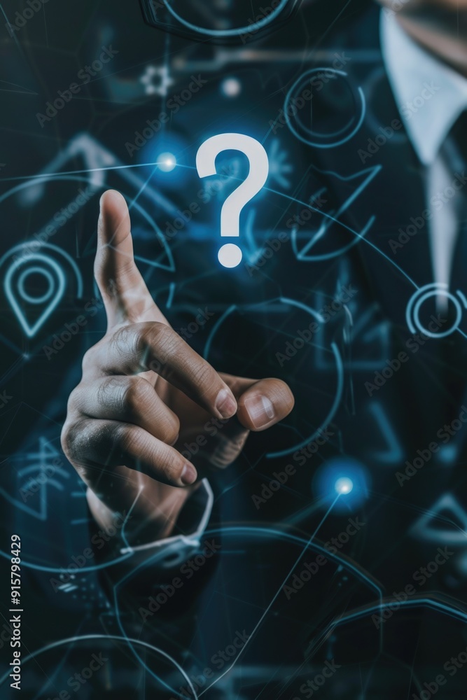 Poster a person's hand pointing towards a question mark graphic, symbolizing inquisitiveness and exploratio