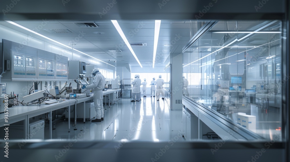 Poster scientists in protective suits working in a modern laboratory observing procedures