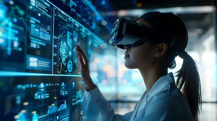 A researcher using advanced VR technology to study human behavior, focused and meticulous, in a futuristic lab. High-tech environment with digital displays, VR headsets, and behavioral data graphics.
