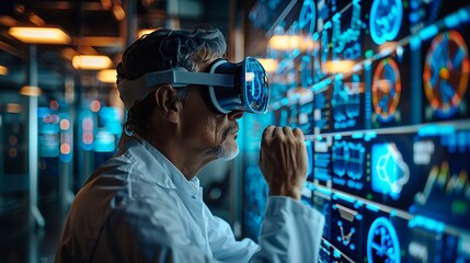 A researcher using advanced VR technology to study human behavior, focused and meticulous, in a futuristic lab. High-tech environment with digital displays, VR headsets, and behavioral data graphics.