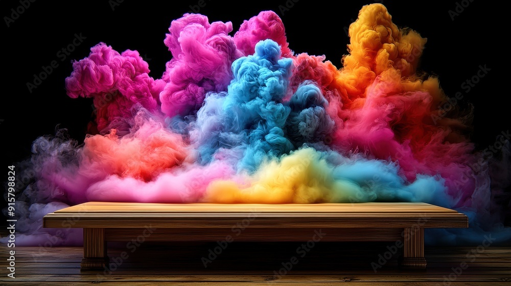 Poster a vibrant display of colorful smoke swirling against a dark backdrop, creating an artistic and dynam