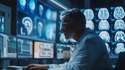 A scientist analyzing brain activity, intense concentration, with fMRI and EEG equipment, in a high-tech lab. Sleek, modern environment with digital interfaces, brain scan visuals,