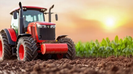 Fototapeta premium A vibrant red tractor working on fertile soil amidst green crops, capturing the essence of modern agriculture at sunset.