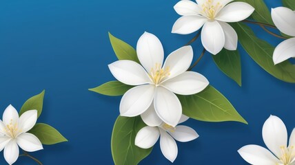 Naklejka premium A serene arrangement of white jasmine flowers contrasted with a deep blue background, emphasizing their graceful appearance.