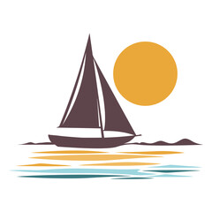 A sailboat sailing on a calm ocean with a bright sun in the sky