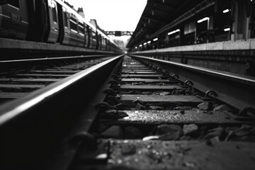 Fototapeta premium Empty metal train tracks at a bustling station.