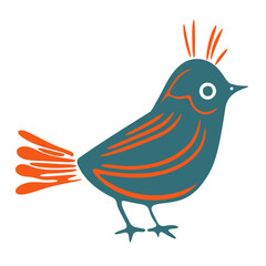 A colorful cartoon bird with blue and orange feathers, a round body, and a beak. The bird has a simple, stylized design