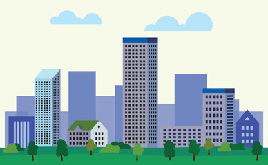 Cityscape with buildings and parkland. 2d Cartoon City Background with buildings. 
City illustration wallpaper.