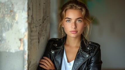 Fototapeta premium A professional close-up photo of a woman with an eyebrow piercing, featuring her intense gaze and subtle smile. The focus is sharp on her eyes and the small gold eyebrow stud