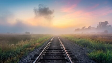 Fototapeta premium Railroad track going away to the horizon. Rails surrounded by nature at sunset. The train is not visible. Travel concept. Illustration for cover, postcard, interior design, brochure or presentation.