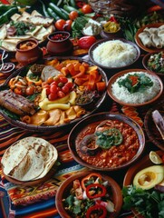 A vibrant array of Mexican dishes served in clay bowls and tortillas, showcasing fresh ingredients like carrots, beans, rice, corn, meat, cheese, tomatoes, olives and spices.