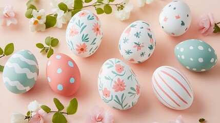 Fototapeta premium Decorated Easter Eggs and Delicate Flowers on Pink Background