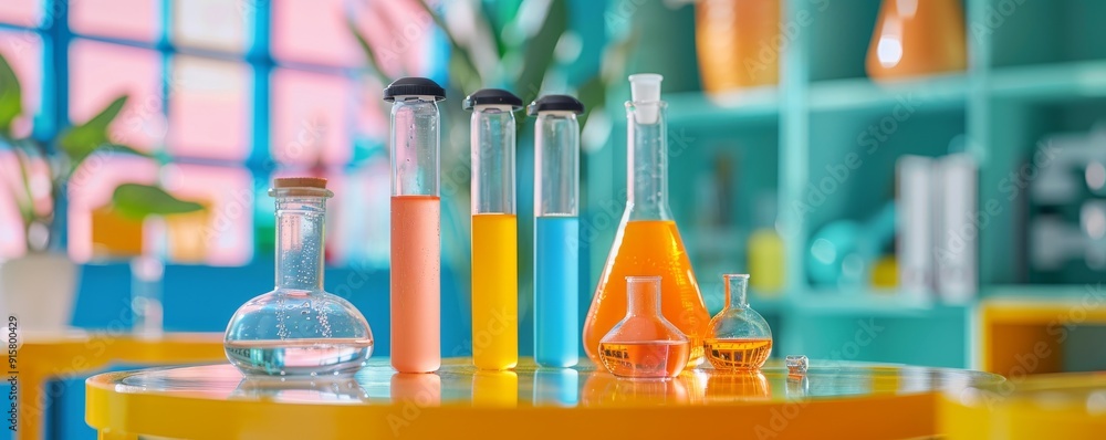 Poster colorful laboratory glassware with liquids on a vibrant table in a modern lab setting