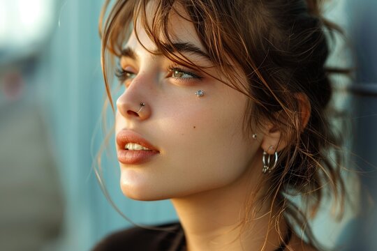  A professional close-up photo of a woman with an eyebrow piercing, featuring her intense gaze and subtle smile. The focus is sharp on her eyes and the small gold eyebrow stud