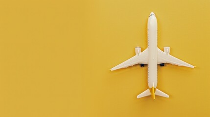 This is a toy airplane model on a yellow background. The plane is white and blue, with visible parts such as the engine, landing gear, wing span, and propeller.
