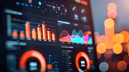 A vibrant data visualization display showing various graphs and charts, perfect for representing analytics and business intelligence.