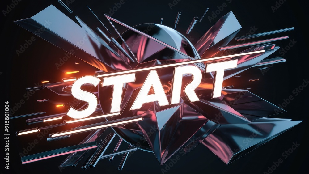 Poster dynamic abstract shapes with start text on a dark background evoking retrofuturistic and digital int