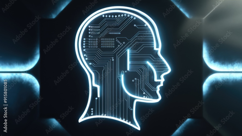 Poster outline of a human head featuring a circuit board design symbolizing artificial intelligence and tec