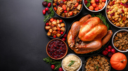 Fototapeta premium A Delicious Thanksgiving Feast A beautifully arranged traditional Thanksgiving meal featuring a roasted turkey ready to be enjoyed