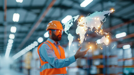 A worker in an orange safety vest and helmet interacts with a glowing digital world map in a warehouse setting.