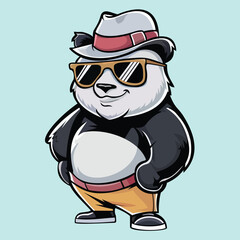 A cartoon of a panda wearing a hat and sunglasses