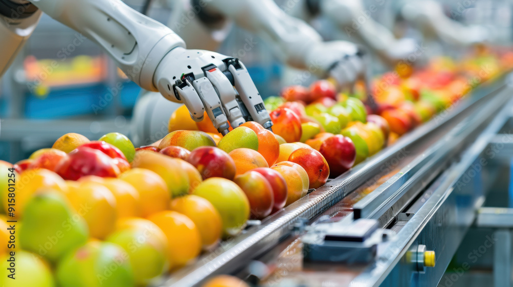 Poster automated robotic arms sorting fresh apples on a production line, showcasing modern technology and e