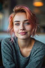 Fototapeta premium Young adult with stylish hair and makeup. Sitting indoors, looking to her side.