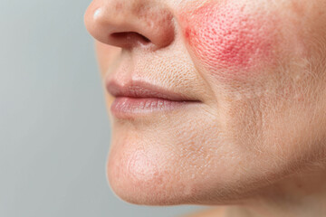 Obraz premium Close-up of a woman's face showing skin irritation and redness, highlighting skin texture and facial features.