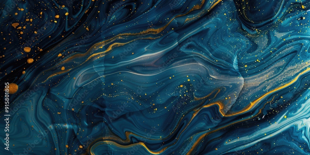 Poster an abstract art image with a swirling pattern in blue and yellow paint, evoking a sense of flow and 