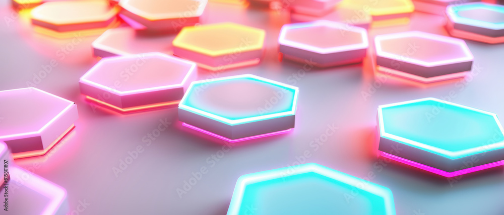 Poster colorful hexagonal shapes with vibrant neon lights create a stunning modern background for technolog